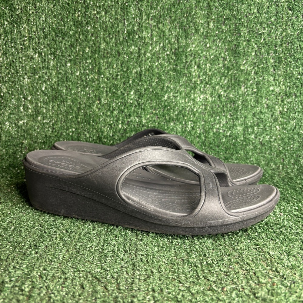 Crocs Sanrah Twist Dual Comfort Wedge Sandal‎ Slide Casual Black Womens Size 10